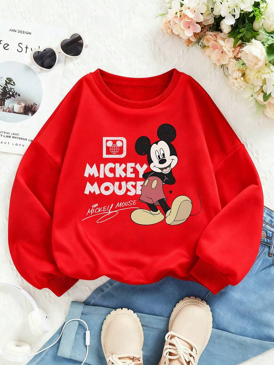 Disney Mickey Mouse Letter Cartoon Pattern Print, Soft And Warm Girl Hoodie, Suitable For Girls' Daily Wear, Family Outings And Other Scenarios. - 紅色 - 查看 1