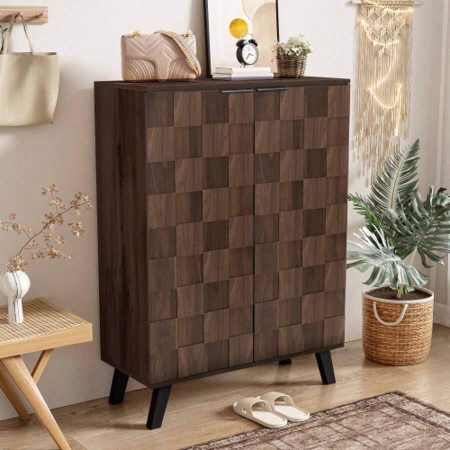 Sideboard, Modern Schuhschrank Mit 5 Fächern In Dunkler Holzmaserung – Mass 80 X 35.5 X 110 Cm, Verstellbare Einlegeböden - Coffee Brown - View 1