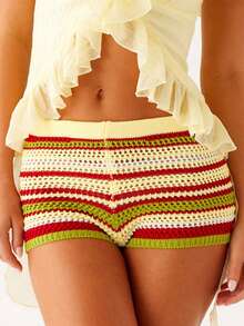 Women's Y2K Striped Knit Shorts Low Waist Strechy Short Lounge Color Block Sweater Shorts Summer Going Out Micro Shorts Loungewear - 黃色 - 查看 1