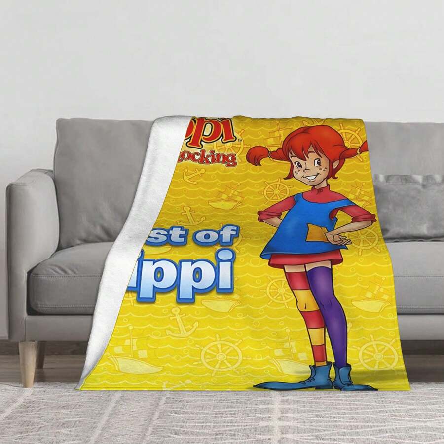 Pattern Features Pippi Longstocking Amid Nautical Motifs  Anchors And Helms Evoking Adventure Carefree Spirit And Classic Charm On This Soft Flannel Blanket That Is Cozy And Warm 280 GSM - 白色 - 查看 1
