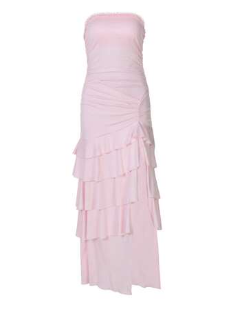 VIBECORE Women Elegant Sexy Ruffle Ruched Slit Party Club Vacation Festival Wedding Tube Long Dress