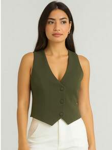 Short Striped Dress Vest With Button. - Màu xanh lá cây đậm - Xem 3