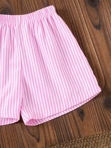Bộ 2 món/Bộ áo sơ mi ngắn tay kẻ sọc thường ngày và quần short cho bé gái, mùa hè - Hồng - Xem 9