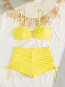 New Arrival Spring/Summer High-End Fashion Yellow Solid Color Travel Holiday Party Swimsuit 2 Pieces Set, Vacation Beach - Yellow - View 5