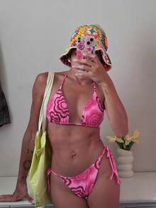 时尚花卉印花渐变露背系带三角比基尼套装，高开衩设计，女士款，适合春夏、海滩、度假、万圣节、亡灵节等场合。 - 玫紅色 - 查看 4