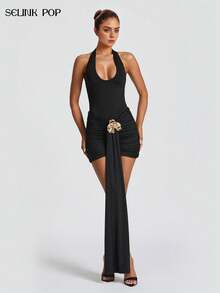 Fashion Sexy Elegant Short Spaghetti Strap Bodycon Dress Summer Ruched Dress Brown Evening Cocktail Party Dress For Women Clothes - Black - View 3