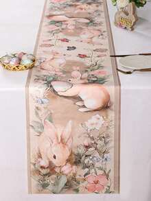 1pc Vintage Easter Table Runner, Featuring Rabbit, Eggs And Floral Patterns, 35*180cm Polyester Farmhouse Style Easter Table Runner, 2026 Easter Home Decor, Kitchen Dining Table Decoration, Spring Holiday Decor - Multicolor - View 5