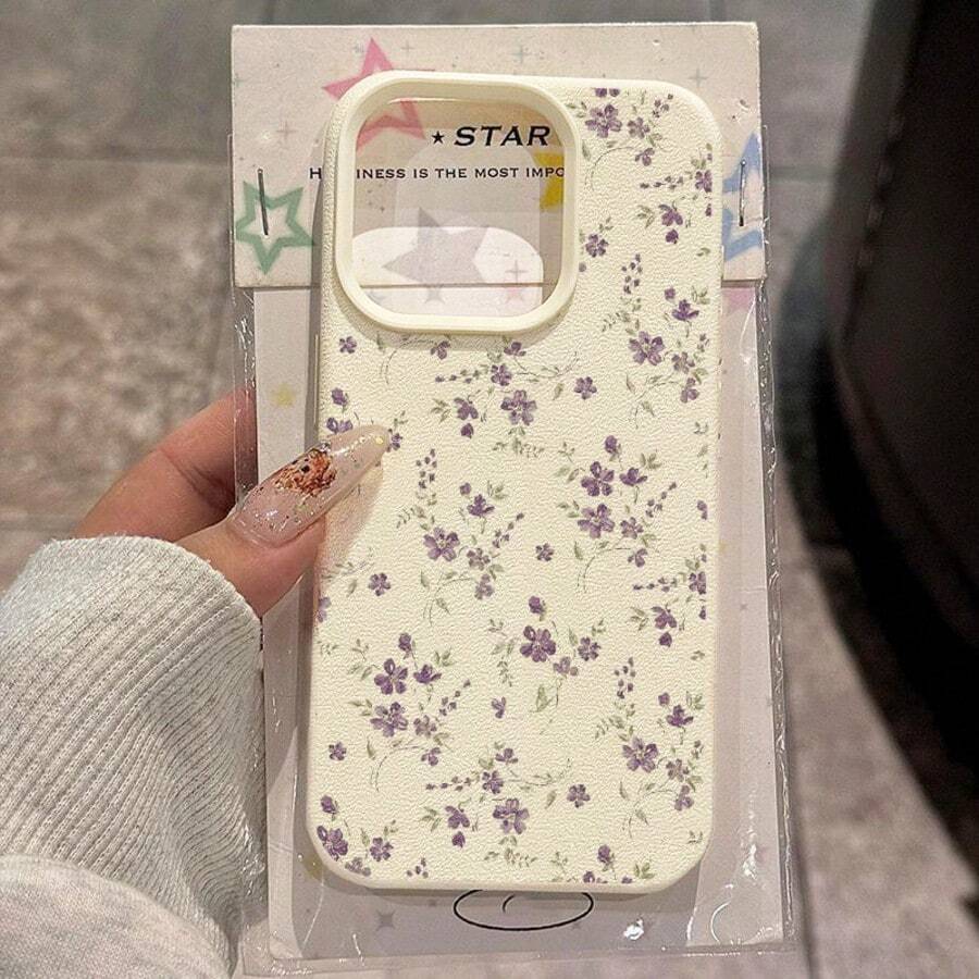 1pc TPU Material Elegant Purple Floral Full Print Protective Phone Case Compatible With Iphone 17 Pro Max/17/16 Pro Max/15/13/12/11, S20 FE/A15/S24/A55, Redmi Note 11/12/13 Pro, Shock-Proof Soft Cover - White - View 1