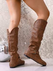 Sepatu Bot Vintage Baru dengan Ujung Bulat, Detail Gesper, dan Resleting Samping, Musim Gugur - Coklat - View 7