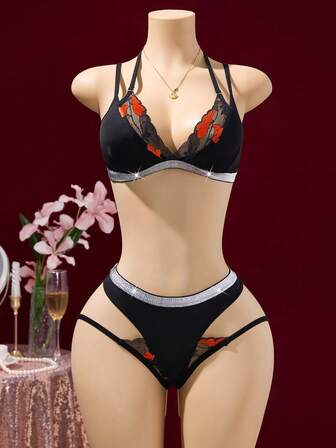 黑色性感深V女士内衣套装两件套