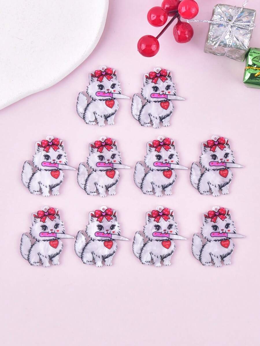 Set de 10 piezas Colgante acrílico de corazón de gato para el Día de San Valentín, pendientes DIY para mujeres, regalo de San Valentín, para hacer joyas - Blanco - Ver 1