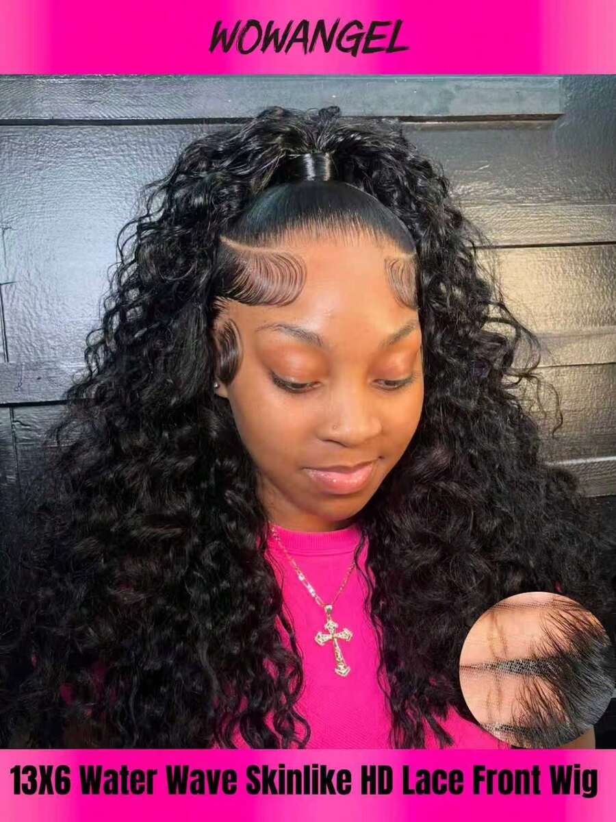 WOWANGEL 28 Inch Water Wave Lace Front Wig, Human Hair, 13x6 High Density Lace Front Wig, Pre-Plucked Brazilian Deep Curly Hair Wig, 250 Density, Glueless Lace Front Wig - Natural Black - View 1