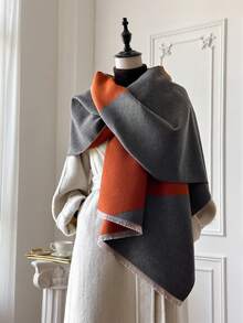 1 pieza Bufanda de punto jacquard geométrico, cálida y versátil para mujeres, adecuada para salas con aire acondicionado, otoño/invierno, accesorio de moda, calentador de cuello, chal, regalo - gris naranja - Ver 6