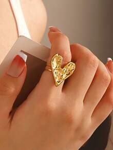 1pc 18K Gold Plated Stainless Steel Fashion Heart Shaped Ring, Suitable For Women's Daily Wear, Valentine's Day, Dates And Holidays - Multicolor - View 1