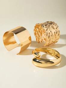 3pcs Set Minimalist Chic Metal Smooth Geometric Open Bangle Bracelet Set, Unique Gift For Women Suitable For Music Festivals And Parties - 31667-bra-g-eP - View 4