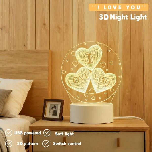 1 buc. Lampă de noapte LED modernă 3D cu inimă "TE IUBESC", alimentată prin USB cu comutator pornit/oprit, cadou romantic pentru aniversare, Ziua Îndrăgostiților, Crăciun, ziua de naștere - Lampă unică cu atmosferă de dragoste, potrivită pentru ea, el, soție, soț, iubită, iubit