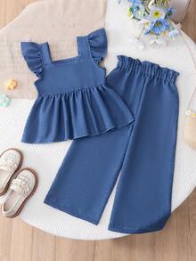 BASUSARRI 2pcs/Set Girls Ruffled Vest Top With 3D Jacquard Mesh Pants, Elegant Chinese Style Outfit For Summer - Blue - View 5