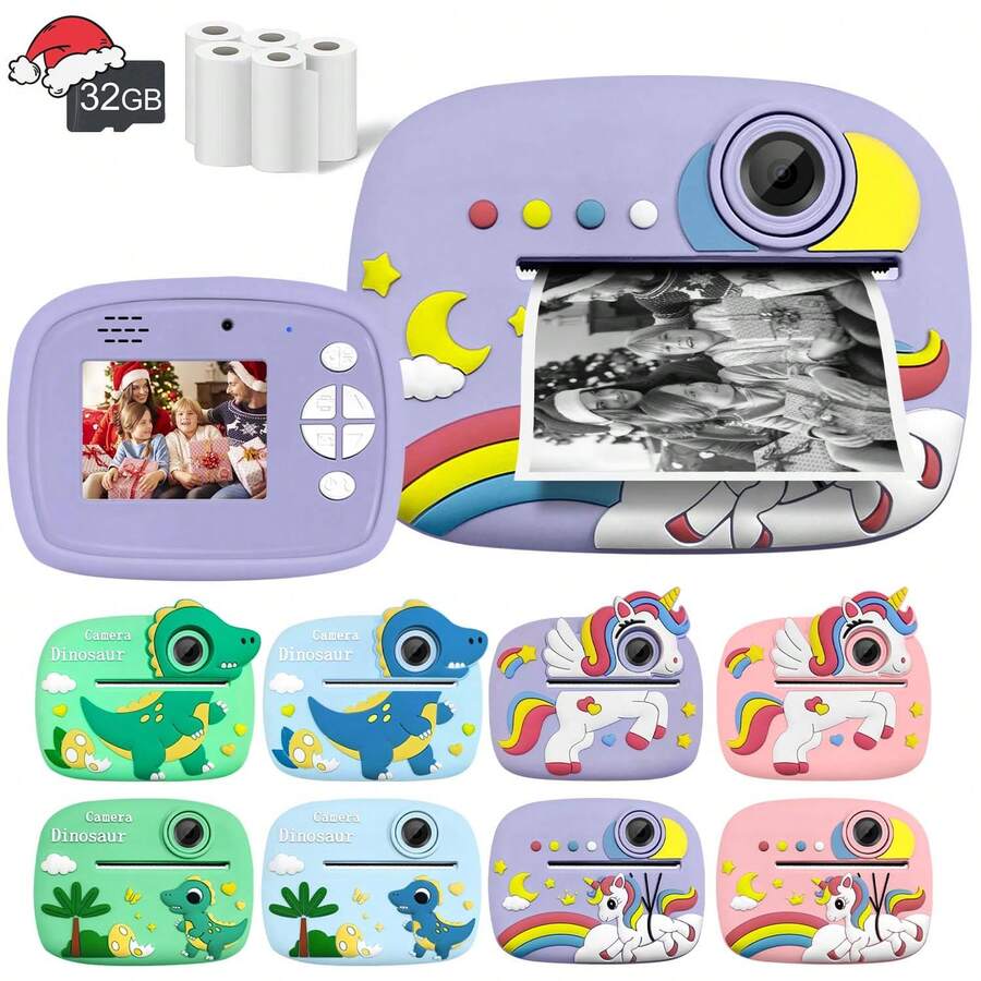 Süße kleine Pony-Formen Sofortbildkamera, 1080P HD Linse Kamera mit Sofortbilddruck, inklusive 5 Rollen Druckpapier und 32GB Speicherkarte, wiederaufladbarer Akku, ideales Geschenk für 3-14 Jahre alte Jungen und Mädchen