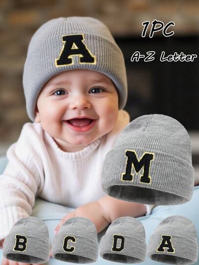 1 pieza Gorro de punto con letra A-Z para niños, gorro de punto de unicolor y cálido, adecuado para recién nacidos, bebés, niños y niñas en el hospital, al aire para uso diario