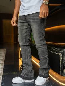 Jeans ajustados y elásticos con efecto desgastado para hombres, estilo casual de calle, adecuados para todas las estaciones - Gris - Ver 1