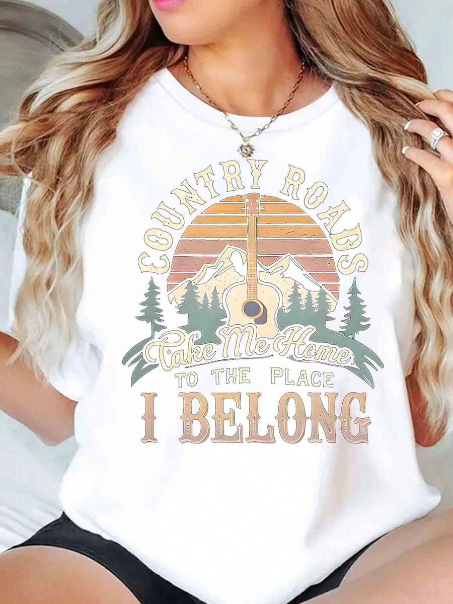 Women T Shirt Country Roads Take Me Home To The Place I Belong Guitar Mountain Sunset Print Round Neck Casual Short Sleeve Daily Wear 220G - trắng - Xem 1
