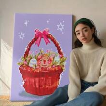 1pc Wooden Framed Wall Art, Wrapped Canvas Vintage Prints Poster, Animal In Basket, Eggs, Flowers - Botanical, Whimsical, Colorful, Playful Style, Perfect Gift Decor, Wall Art For Living Room Bedroom Office, Hanging Hardware Included - Wrapped Framed Canvas, Vertical - Framed Canvas - 查看 5