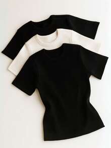 Set Of 3 Women's Basic Elegant Short-Sleeve Ribbed Blouses - Đen/ Trắng/ Đen - Xem 1