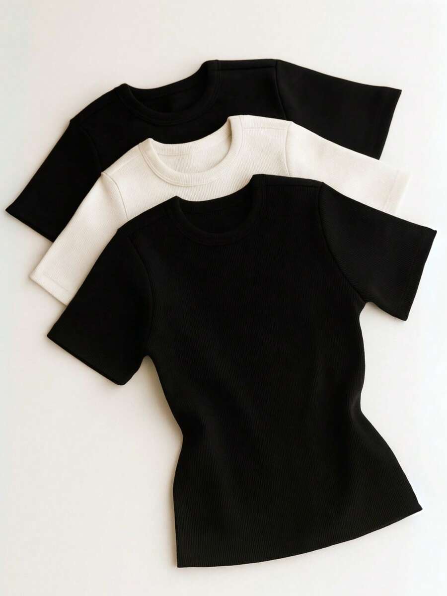 Set Of 3 Women's Basic Elegant Short-Sleeve Ribbed Blouses - Đen/ Trắng/ Đen - Xem 1