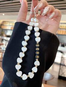 Customized Phone Lanyard, Fashionable Personalized Soft Clay Heart-Shaped Beaded Letter Bead Phone Lanyard, Black/White/Beige Bead Bracelet, Customizable Name, Slogan, Location, Date, Suitable For Birthday, Anniversary, Gift