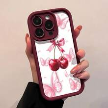 Estuche para teléfono con patrón de lazo de cereza y mariposa Compatible con estuches para teléfonos   17  16 Pro Max  15 Pro Max  13 y  12 Hecho de material TPU a prueba de caídas, resistente al desgaste y cómodo de sostener Un gran regalo para familiares, amigos, seres queridos, novios / novias y para Navidad - Vino tinto - Ver 1