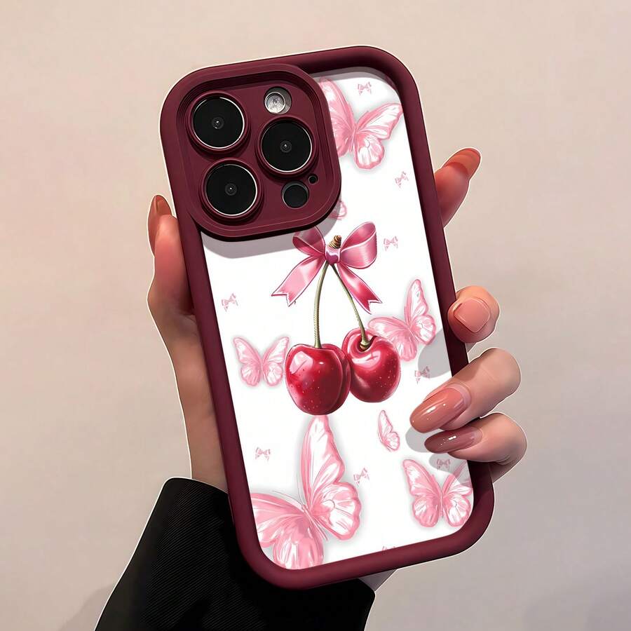 Estuche para teléfono con patrón de lazo de cereza y mariposa Compatible con estuches para teléfonos 17 16 Pro Max 15 Pro Max 13 y 12 Hecho de material TPU a prueba de caídas, resistente al desgaste y cómodo de sostener Un gran regalo para familiares, amigos, seres queridos, novios / novias y para Navidad - Vino tinto - Ver 1