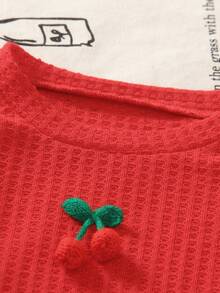 2 Pieces Young Girls Outfit: Cute Cherry Embroidered Long Sleeve Top And Casual Blue Straight Leg Jeans Pants Set, Spring/Autumn/Winter - Red - View 2