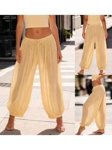 Womens Summer Lantern Pants Casual Loose Fit Stylish Solid Color Drawstring Mid Rise Trousers - Light Yellow - View 5