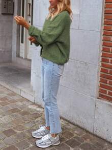 Sylvia Women's Solid Color Basic Minimalist Button-Up Round Neck Loose Soft Knit Cardigan, Suitable For Daily Commute, Work, Travel, Afternoon Tea, New Year - Green - View 5