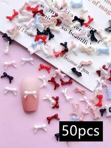 50Pcs 3D Nail Accessories, Small Size Bowknot , Bowknot , Burgundy, Bright Red, White, Beige, Pink, Light Color, Blue, Multiple Colors Randomly Mixed, Suitable For Nail Art Creation, Cute Style, Diy Decorative Accessories, Matte, Glossy Nails, Long Nails, Short Nails, Almond Nails, Ballet Nails, French Pointed Nails Are All Suitable Nail Supplies Nails Nail Charms Nail Gems - Multicolor - View 6