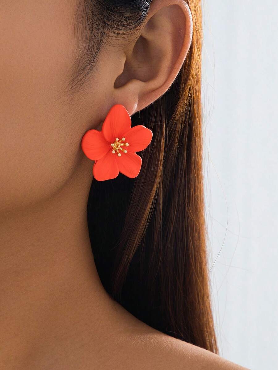 1 Pair Vibrant & Colorful Five-Petal Flower Earrings, Inspired By Dopamine, Suitable For Summer Wear - Orange - View 1