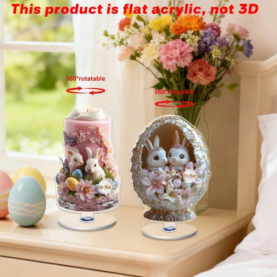 1 chiếc, Đồ trang trí để bàn bằng acrylic xoay tròn với hình chú thỏ dễ thương và ngọn nến xoay, dùng để trang trí bàn làm việc trong phòng khách, phòng ngủ và văn phòng, trang trí lễ Phục Sinh, 2D - Đế xoay nhiều màu - Xem 1
