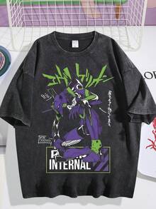 Washed T-Shirt Unisex | Retro Mecha Graphic | Street Anime Print Short Sleeve - 黑色03 - 查看 1
