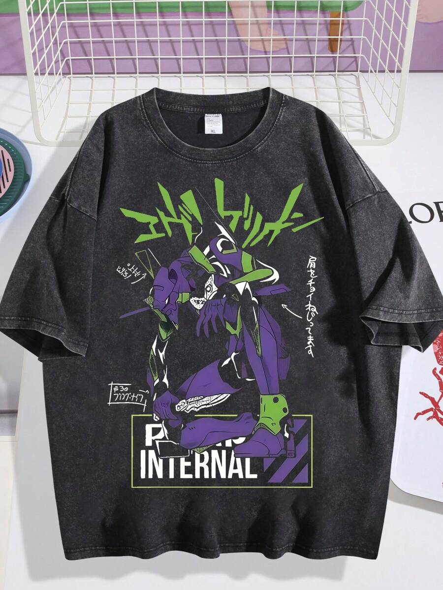 Washed T-Shirt Unisex | Retro Mecha Graphic | Street Anime Print Short Sleeve - 黑色03 - 查看 1