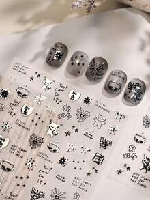 1pc 5D Metallic Silver Bear & Star Nail Art Sticker, DIY Self-Adhesive Slider Nail Polish Sticker