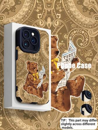 1pc Fashionable Yellow Retro Floral & Bear Reading Pattern Vertical Striped High-End Faux Leather Anti-Fall Anti-Fingerprint Shock-Proof Phone Case, Suitable As Birthday, Holiday Gift For Friends, Family, Couples, Compatible With Apple & Models