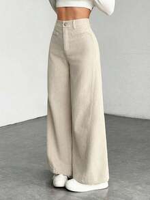 Women's Solid Color Front Button Casual Wide Leg Pants, Suitable For Daily Wear - Apricot - View 10