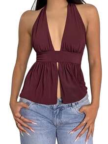 Womens Open Back Halter Tops Summer Fashionable Solid Color Split Front Going Out Vest - Purple - View 4