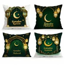 4pcs Olive Green & Gold Crescent Moon Themed Printed Pillow Covers, Single-Sided Printing, Suitable For Living Room, Bedroom, Home Decor, All Seasons - Multicolor - View 13