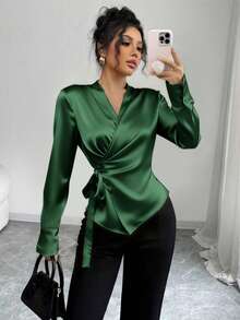 Áo sơ mi satin thanh lịch dành cho nữ, kiểu dáng cổ điển màu trơn tay dài, mẫu mới năm 2025, đa năng và phù hợp cho mọi mùa. Mùa xuân - Màu xanh lá cây đậm - Xem 9