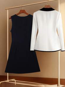 HOMEYEE 两件套：双排扣西装外套和无袖连衣裙，优雅商务休闲装，适合各种场合和度假穿着 - 白色 - 查看 2