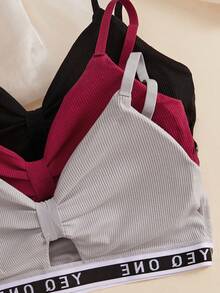 3SETS Ladies Hollow Out French Lingerie Set, Wireless Comfort, Letter Print Beautiful Back With Chest Pad, Sports Bra Briefs Suit - Multicolor - View 6