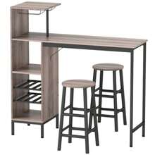 3-Piece Bar Table Set With Storage, Bottle Racks, Glass Holders And Stools With Footrests, Ideal For Small Spaces, Grey. - Maroon - View 8