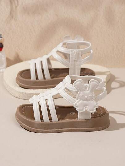 1 Pair Girls' Soft Bottom Non-Slip Hook And Loop Strap Cartoon Flat Open Toe Sandals, Casual Fashion Simple Cute Roman Sandals Suitable For Summer