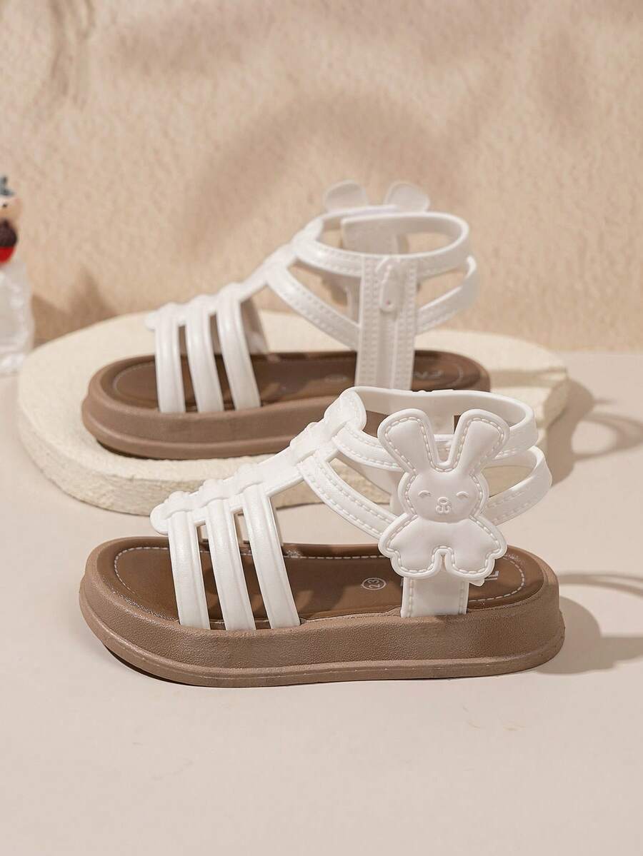 1双女童软底防滑带卡通平底露趾凉鞋，休闲时尚简约可爱罗马凉鞋，适合夏季穿着 - 黑色 - 查看 1